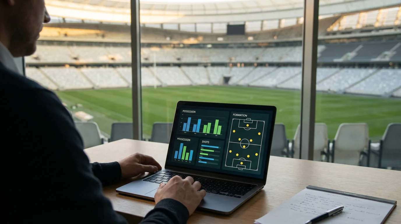 Persona analizando estadísticas de fútbol en una pantalla de portátil con un campo de juego al fondo