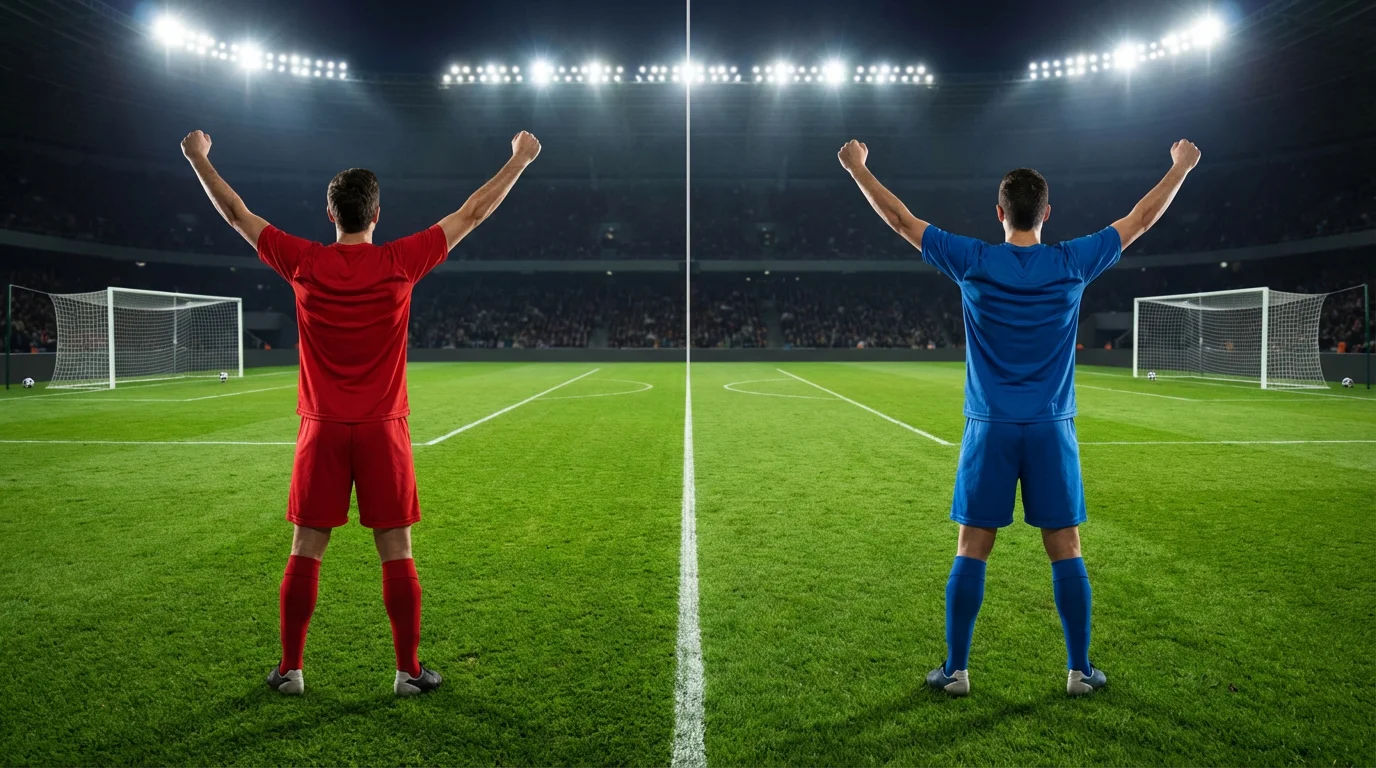 Dos delanteros de equipos rivales celebrando goles en un partido de fútbol sobre césped natural