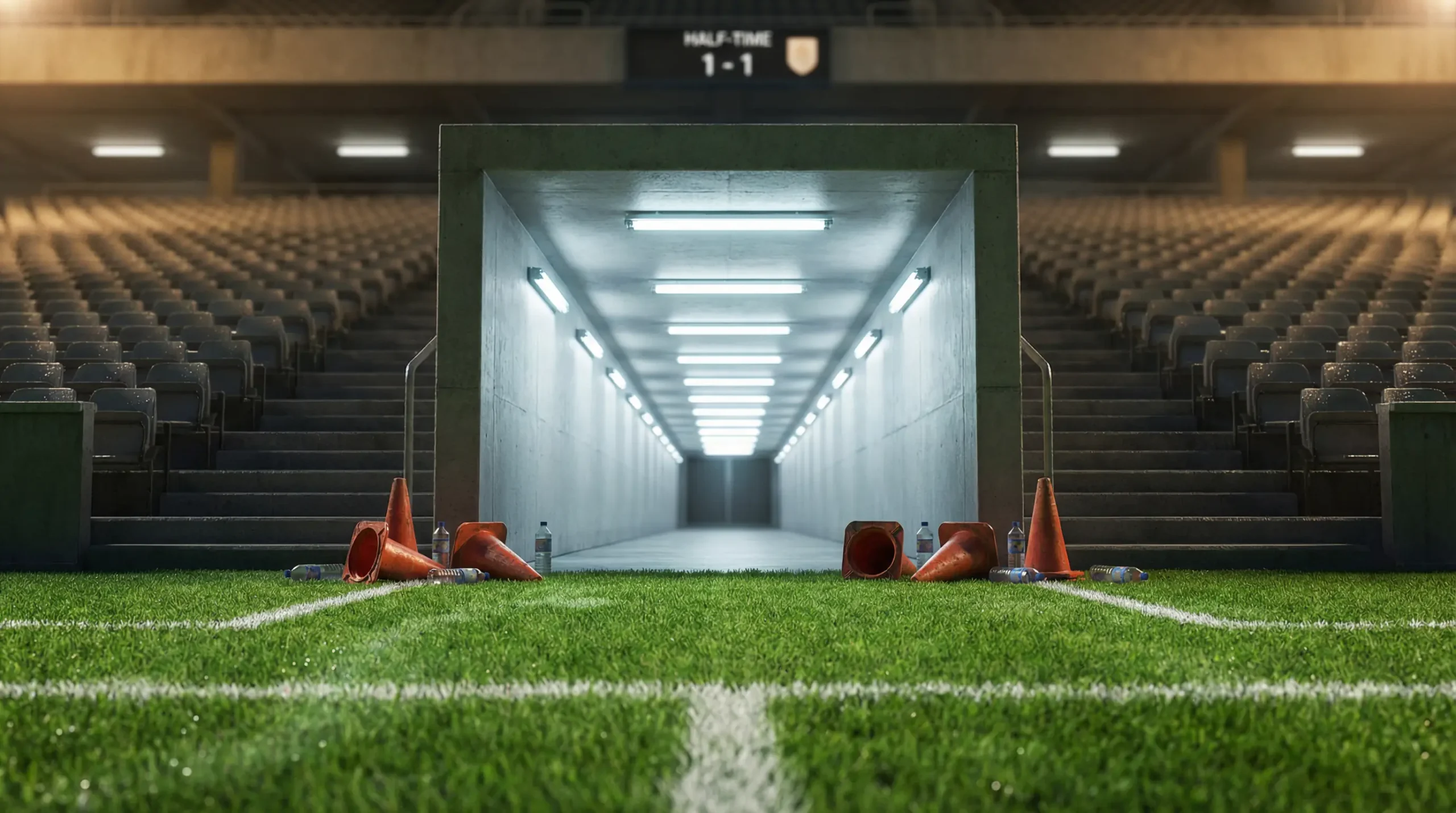 Túnel de vestuarios de un estadio de fútbol visto desde el campo durante el descanso del partido