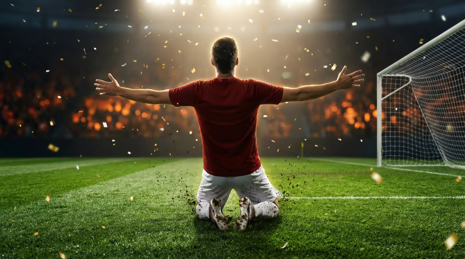 Delantero de fútbol celebrando un gol de rodillas sobre el césped de un estadio iluminado