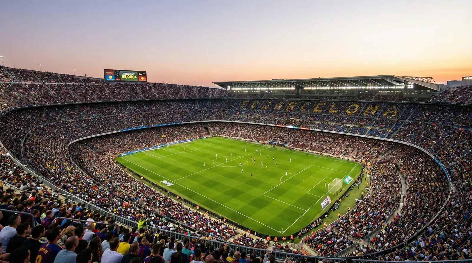 Estadio de fútbol europeo iluminado de noche con el césped preparado para un partido de Champions League