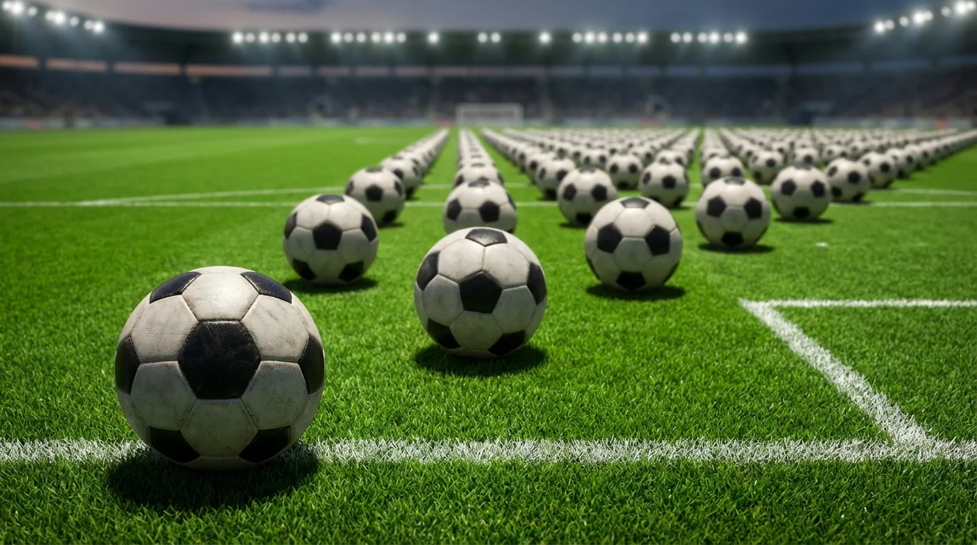 Varios balones de fútbol alineados sobre césped de estadio con focos de fondo simbolizando múltiples selecciones