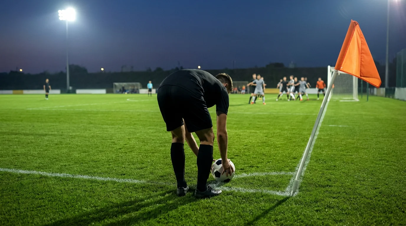 Jugador de fútbol colocando el balón en la esquina del campo para ejecutar un saque de córner