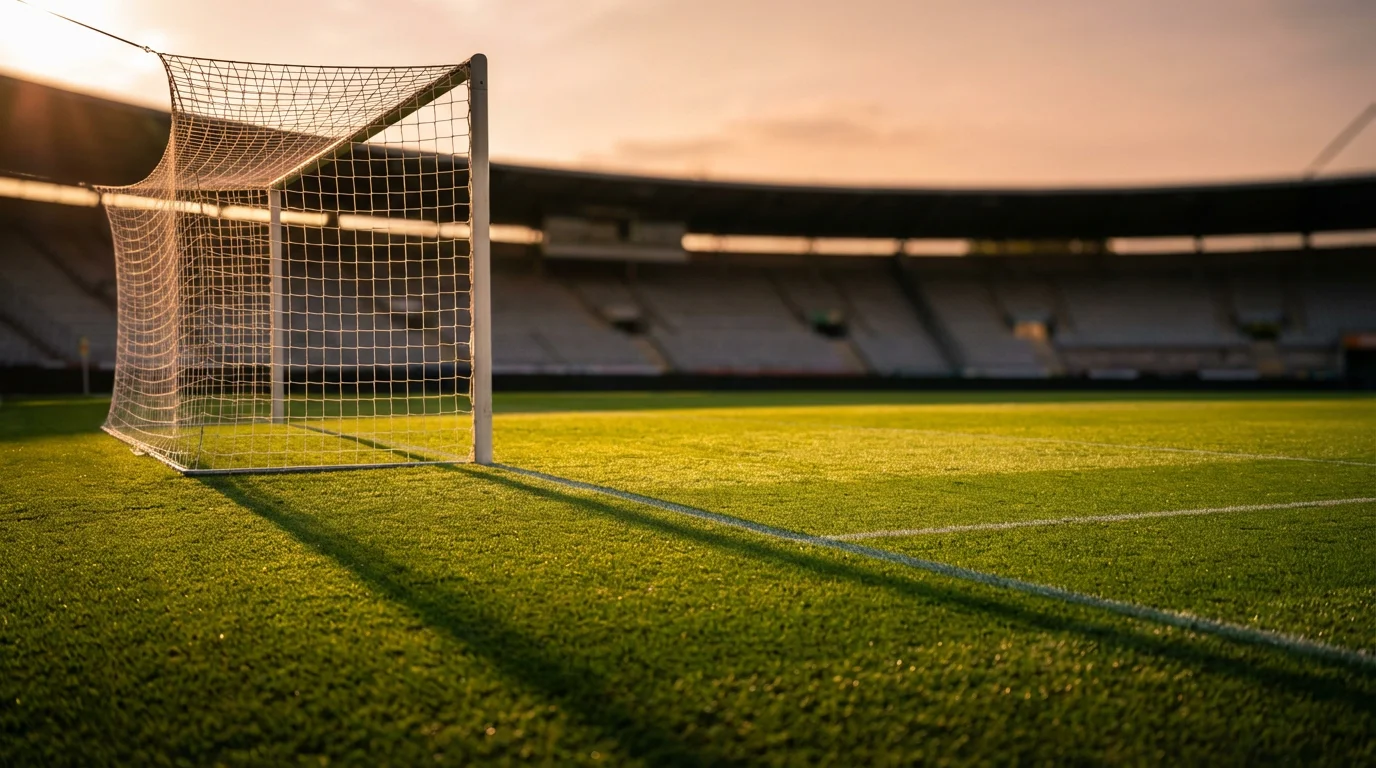 Campo de fútbol profesional al atardecer con césped verde y líneas de juego iluminadas