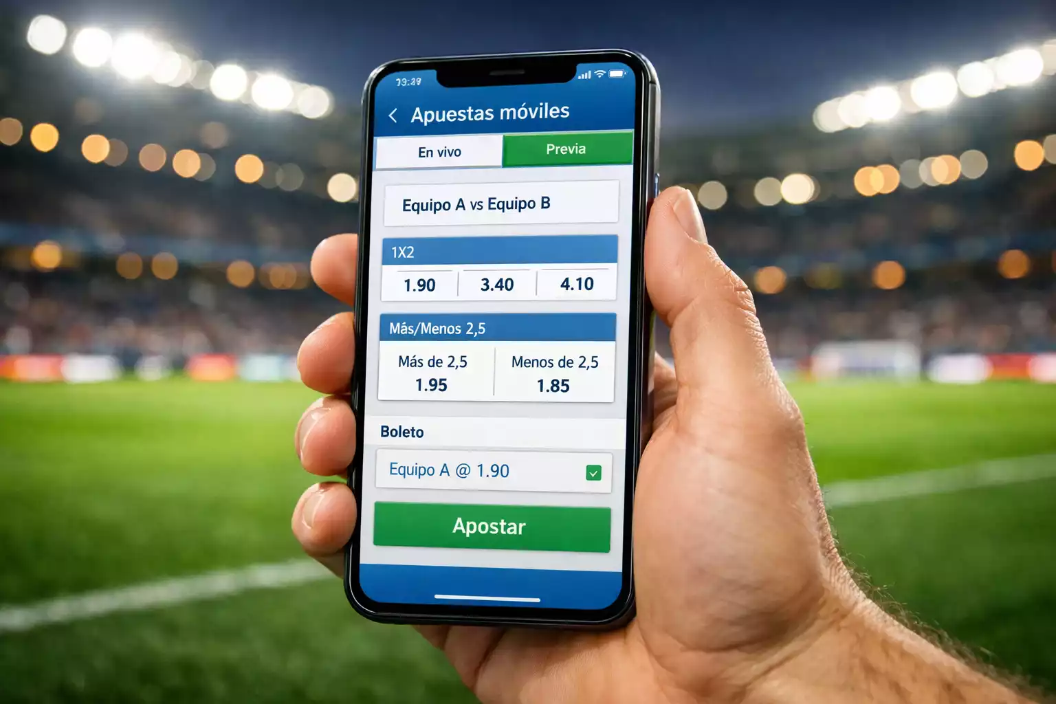 Mano sosteniendo un smartphone con la pantalla encendida en un estadio de fútbol al fondo