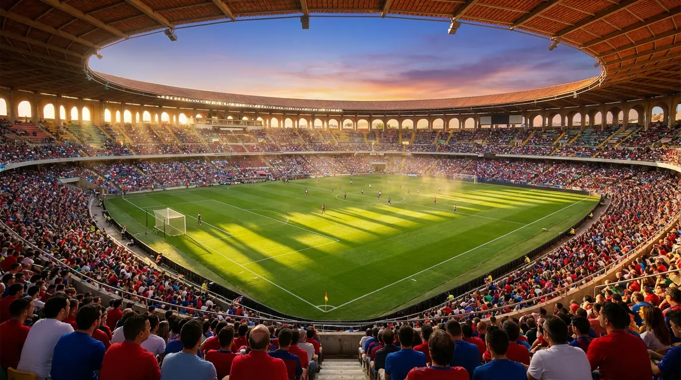 Estadio de fútbol español con césped verde intenso y gradas llenas en un partido de La Liga