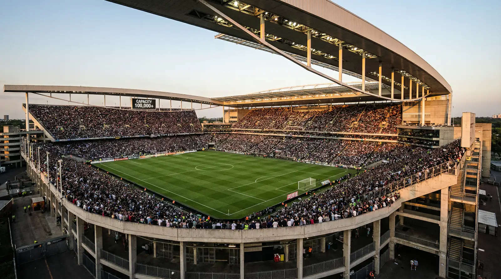 Estadio de fútbol lleno con banderas de distintos países en las gradas durante un torneo internacional