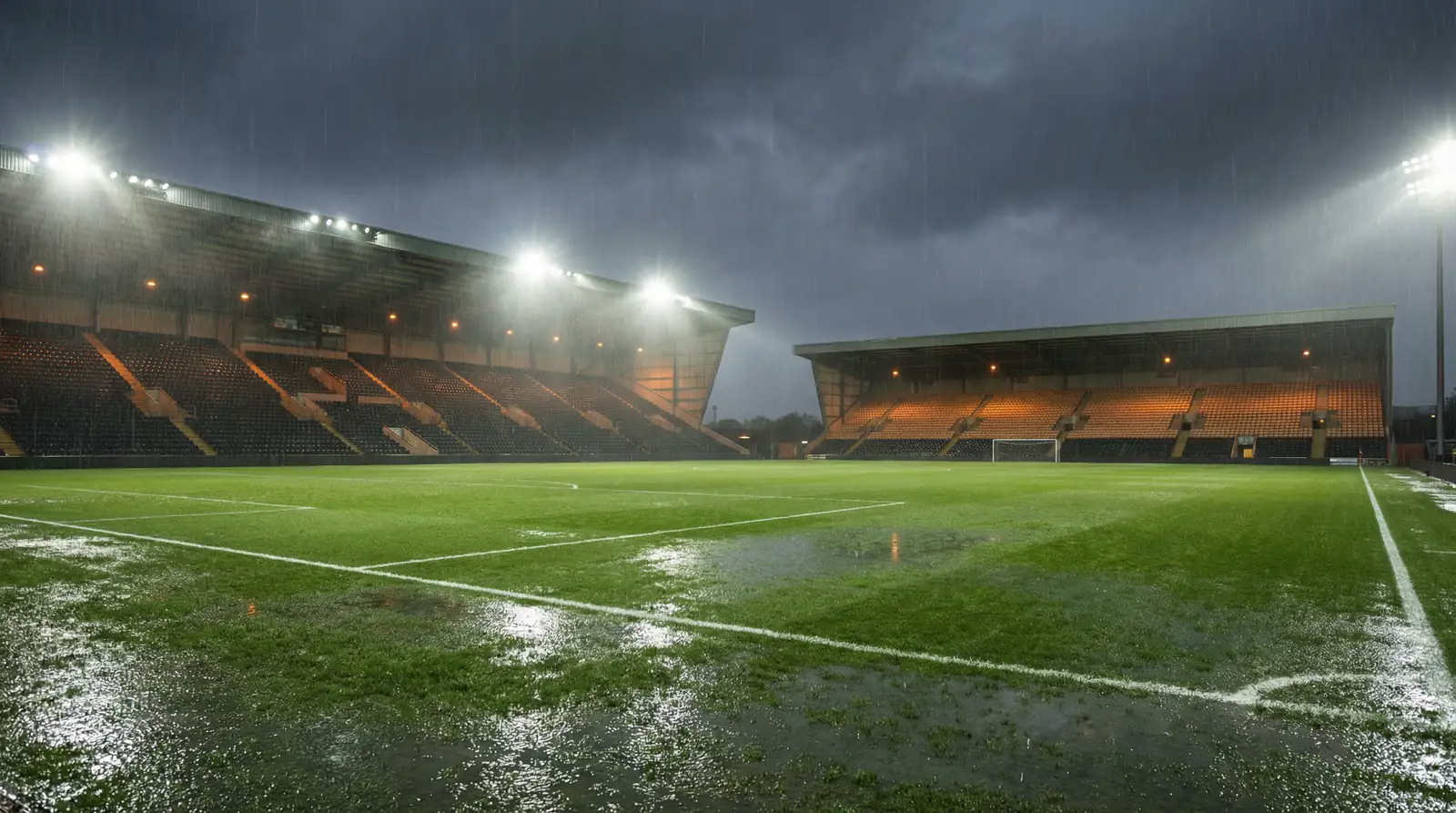 Campo de fútbol inglés con césped mojado bajo cielo nublado y focos encendidos durante un partido