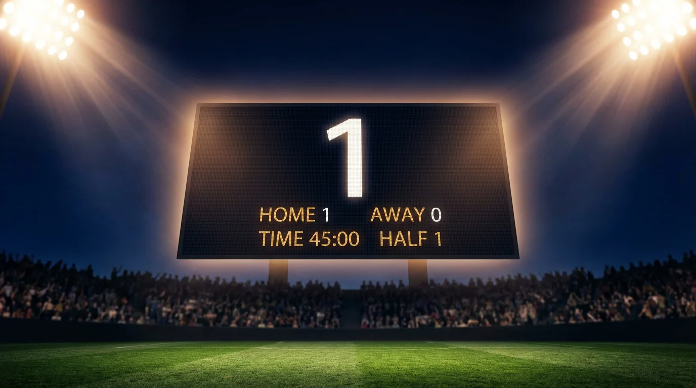 Marcador electrónico de estadio de fútbol mostrando un resultado parcial bajo focos nocturnos