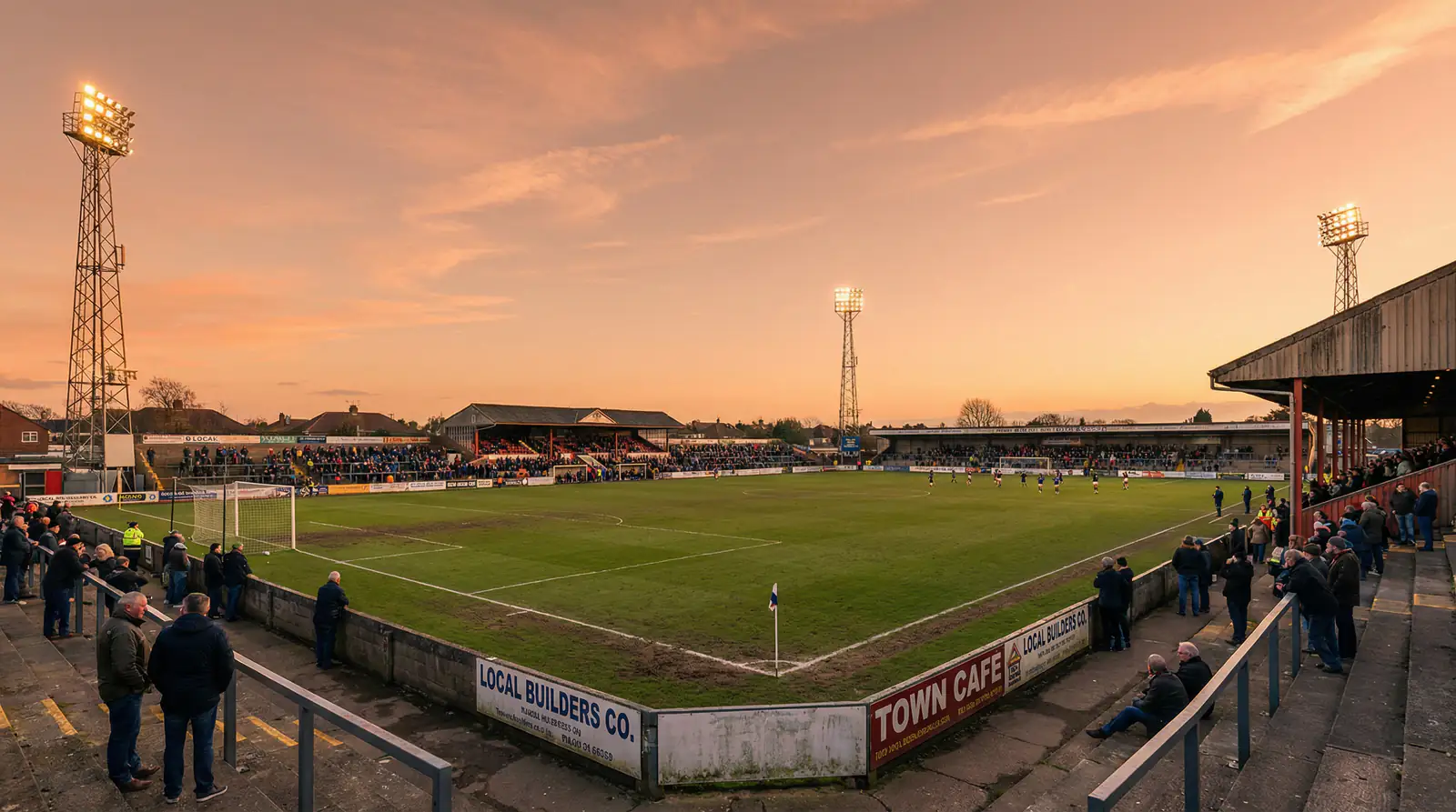 Estadio modesto de fútbol con gradas pequeñas y césped natural iluminado por focos al atardecer