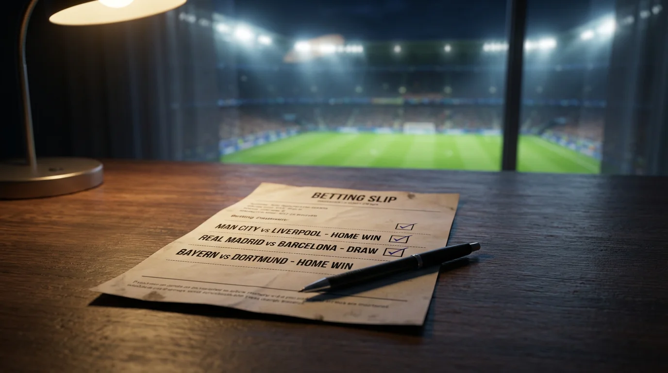 Boleto de apuestas sobre una mesa junto a un bolígrafo con un campo de fútbol iluminado al fondo