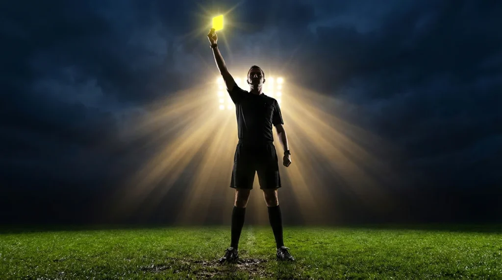 Árbitro de fútbol mostrando una tarjeta amarilla en un campo de césped verde durante un partido