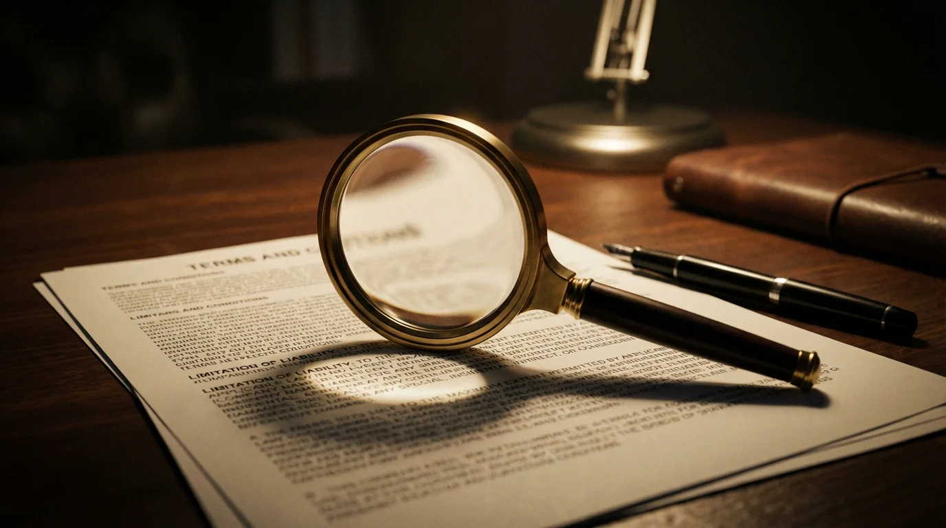 Documento con letra pequeña y una lupa enfocando las condiciones sobre un escritorio