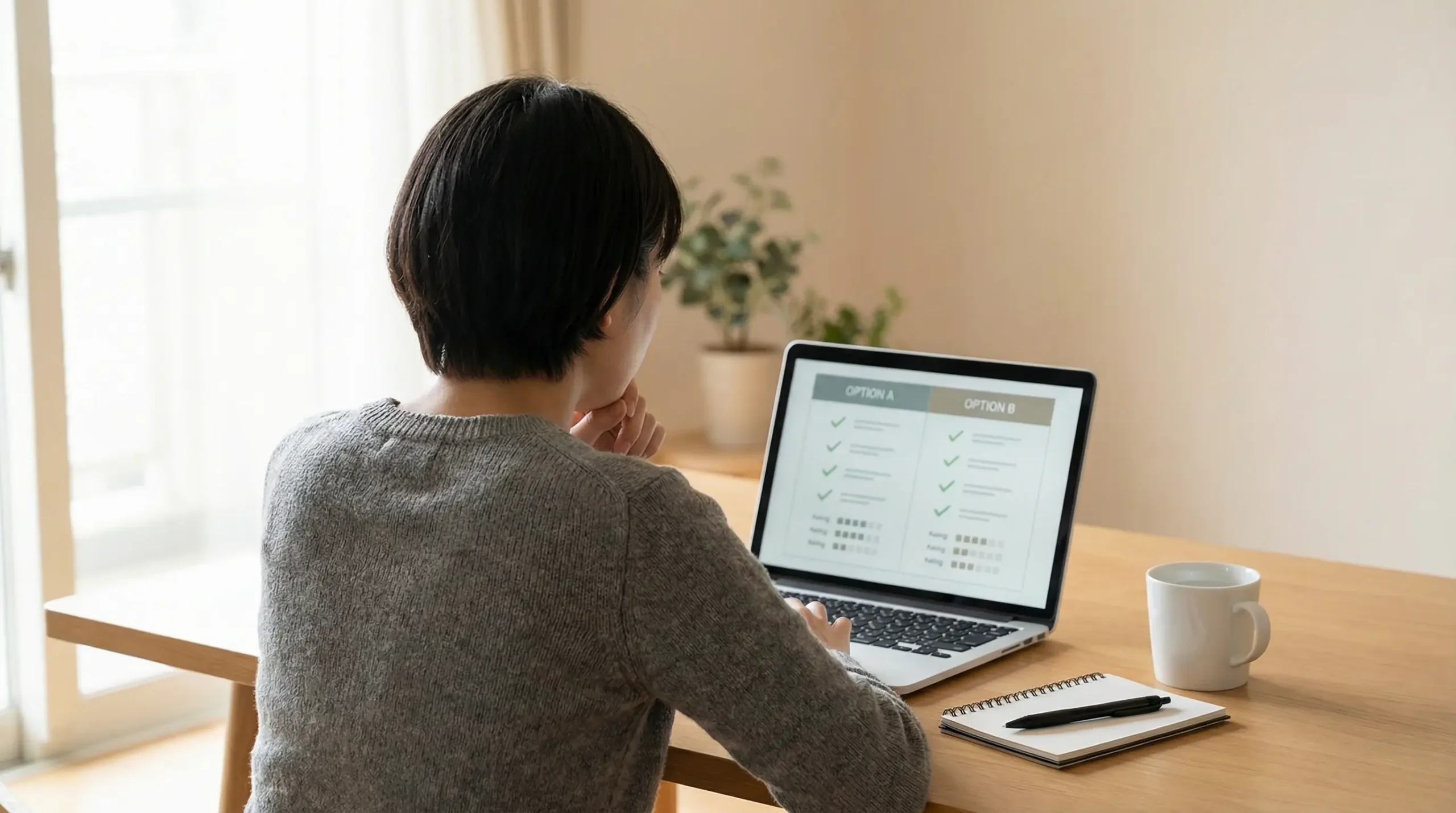 Persona comparando opciones en una pantalla de portátil en un escritorio ordenado