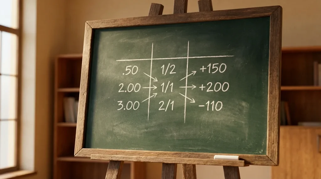 Tres columnas de números sobre una pizarra oscura representando formatos de cuotas de apuestas