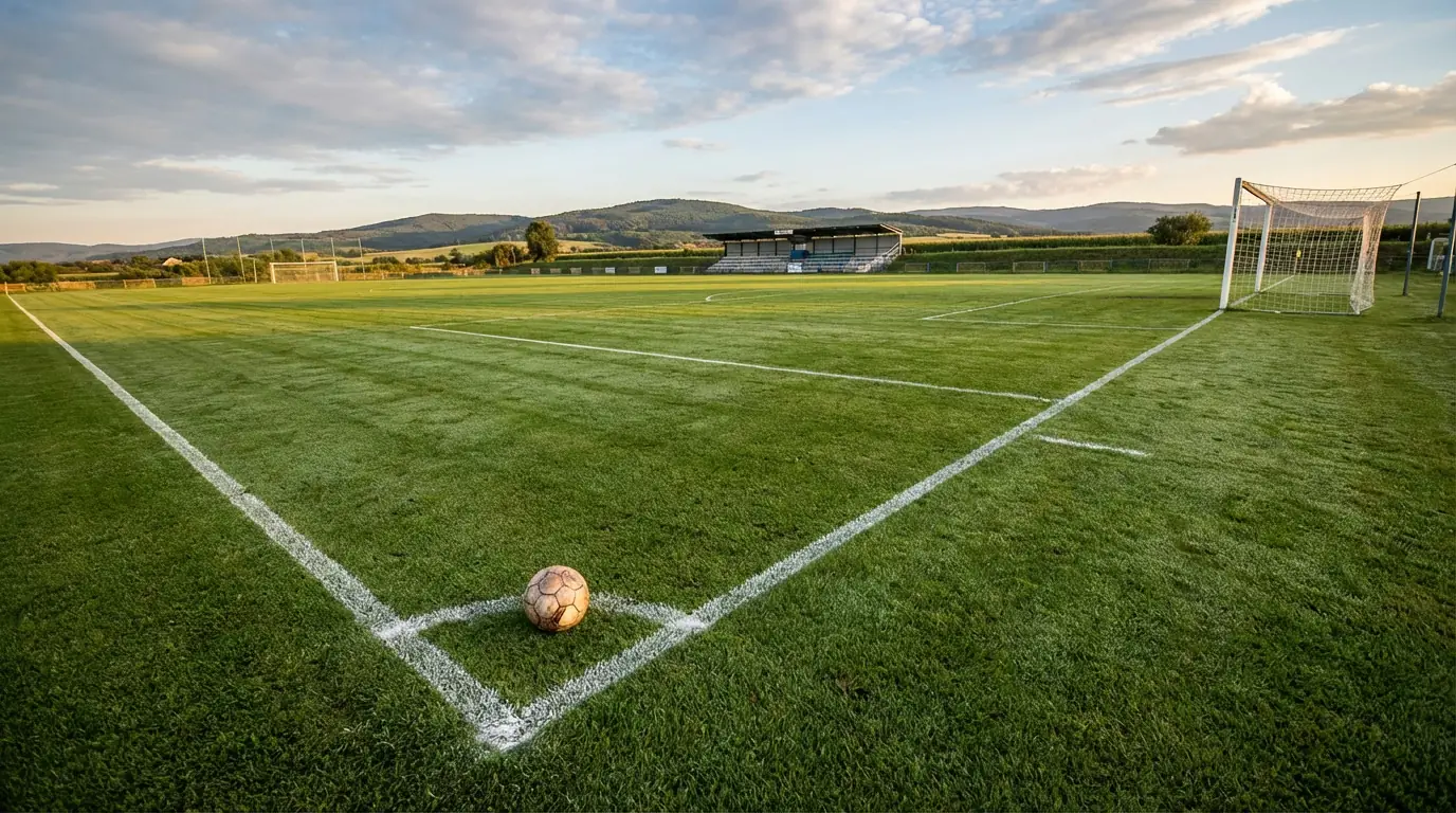 Balón de fútbol detenido sobre la línea de gol de un campo de césped visto en primer plano