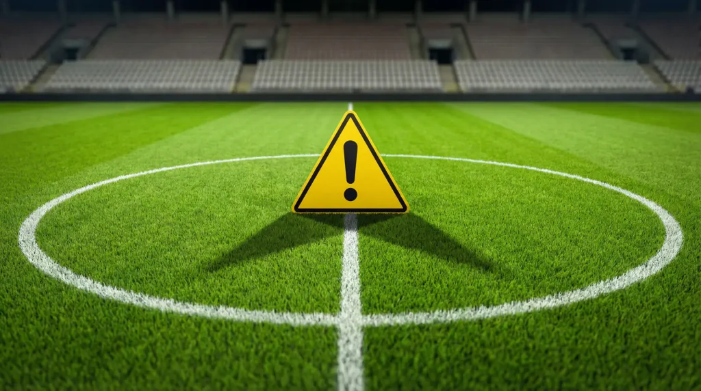 Señal de advertencia triangular amarilla sobre un campo de fútbol verde bajo focos de estadio