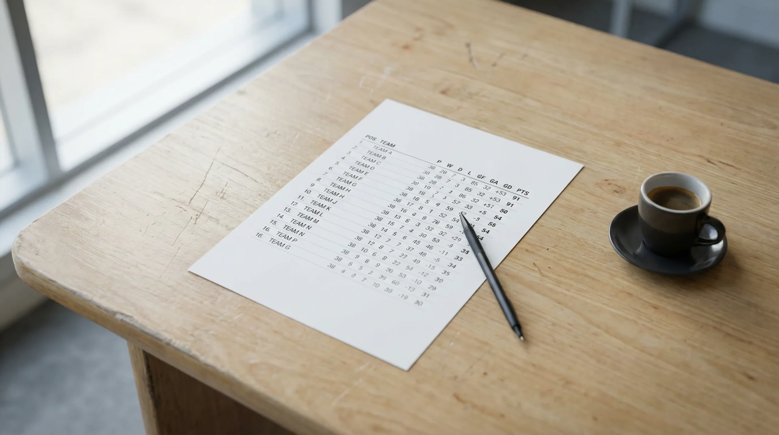 Hoja impresa con tablas de estadísticas de fútbol y un bolígrafo señalando una fila de datos