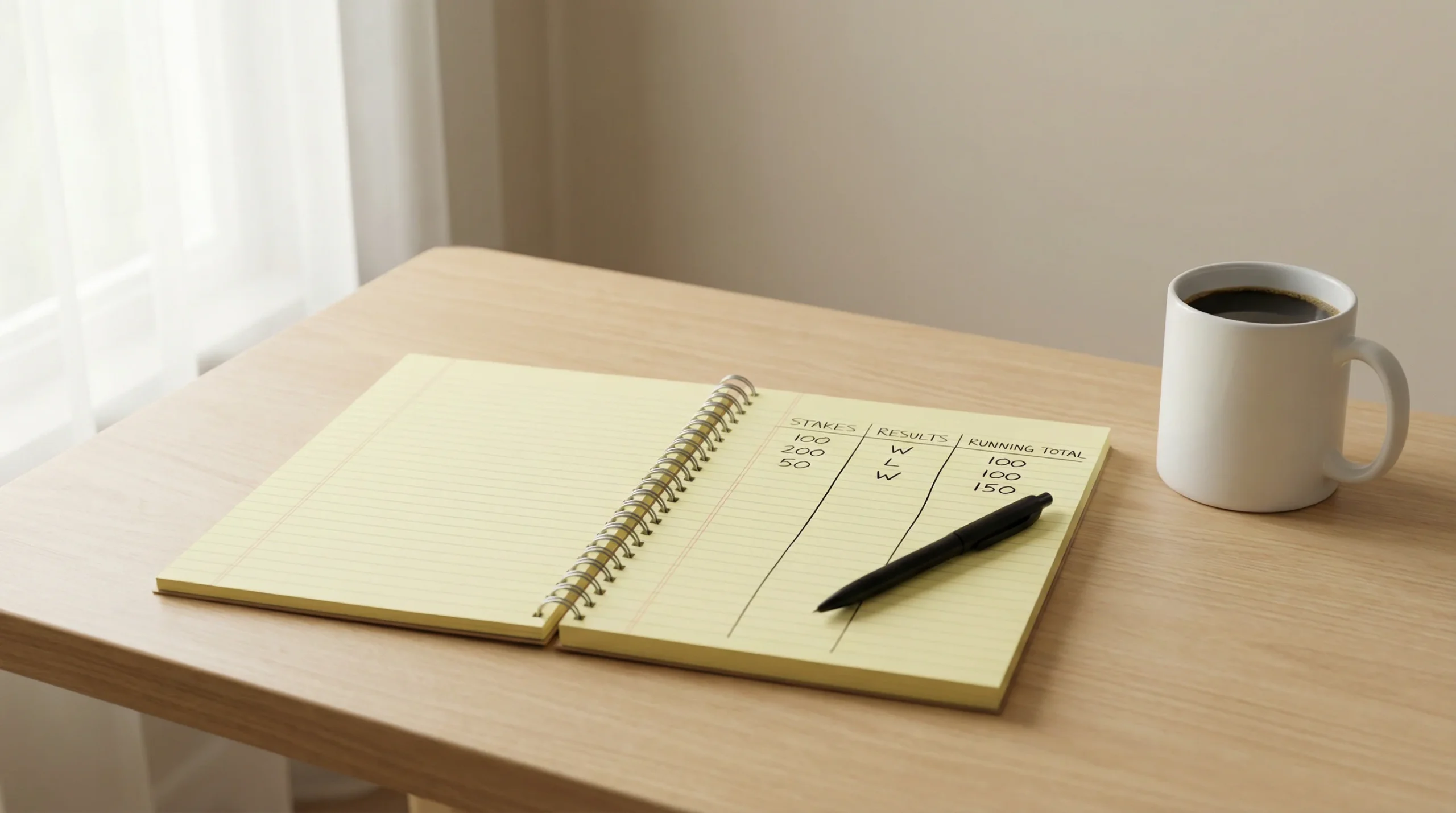 Cuaderno abierto con anotaciones de cifras junto a un bolígrafo sobre un escritorio ordenado