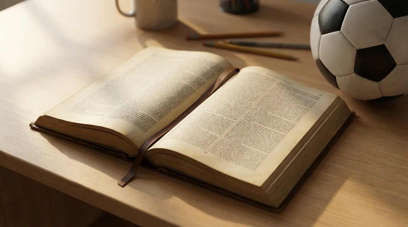 Libro abierto con texto sobre un escritorio junto a un balón de fútbol en segundo plano