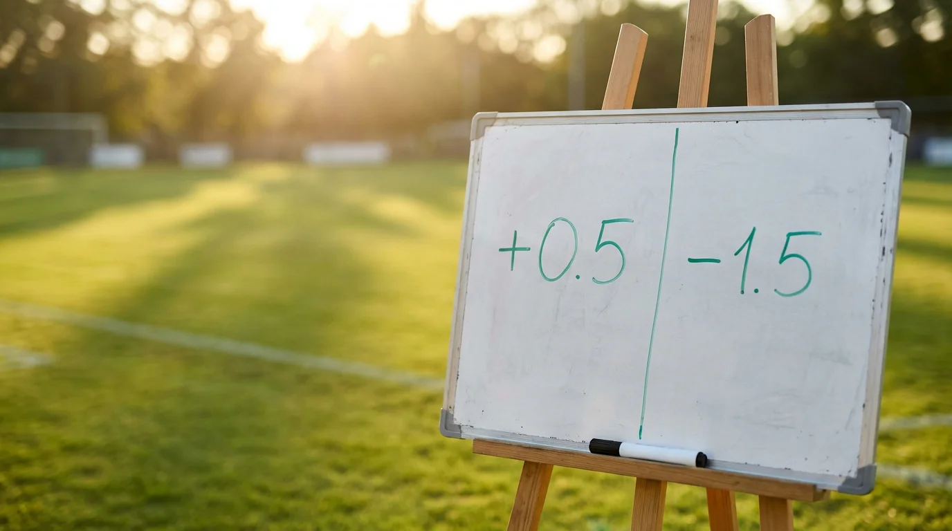 Pizarra táctica de fútbol con líneas de hándicap asiático junto a un campo de césped