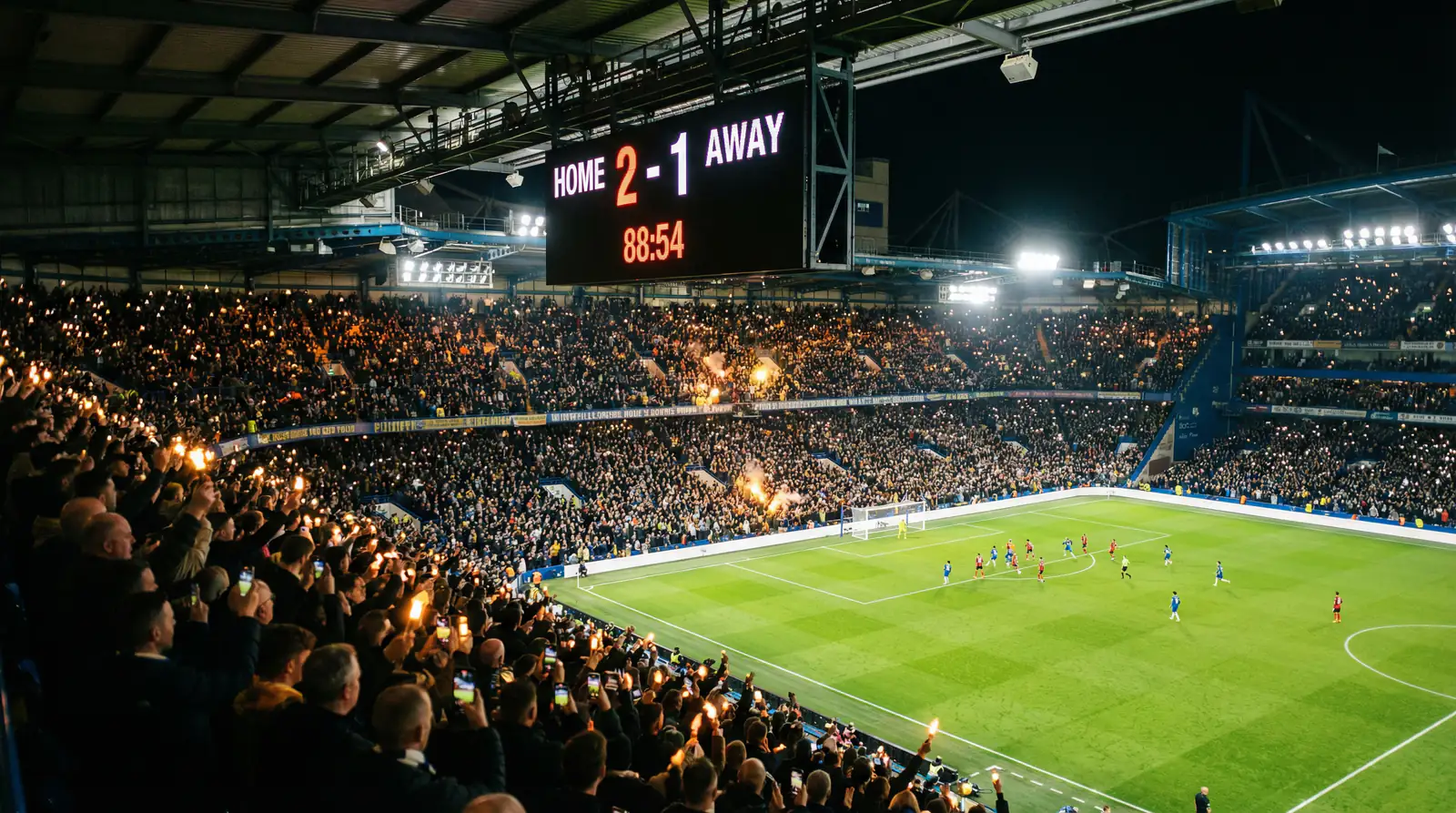 Estadio de fútbol con marcador electrónico durante un partido nocturno de LaLiga