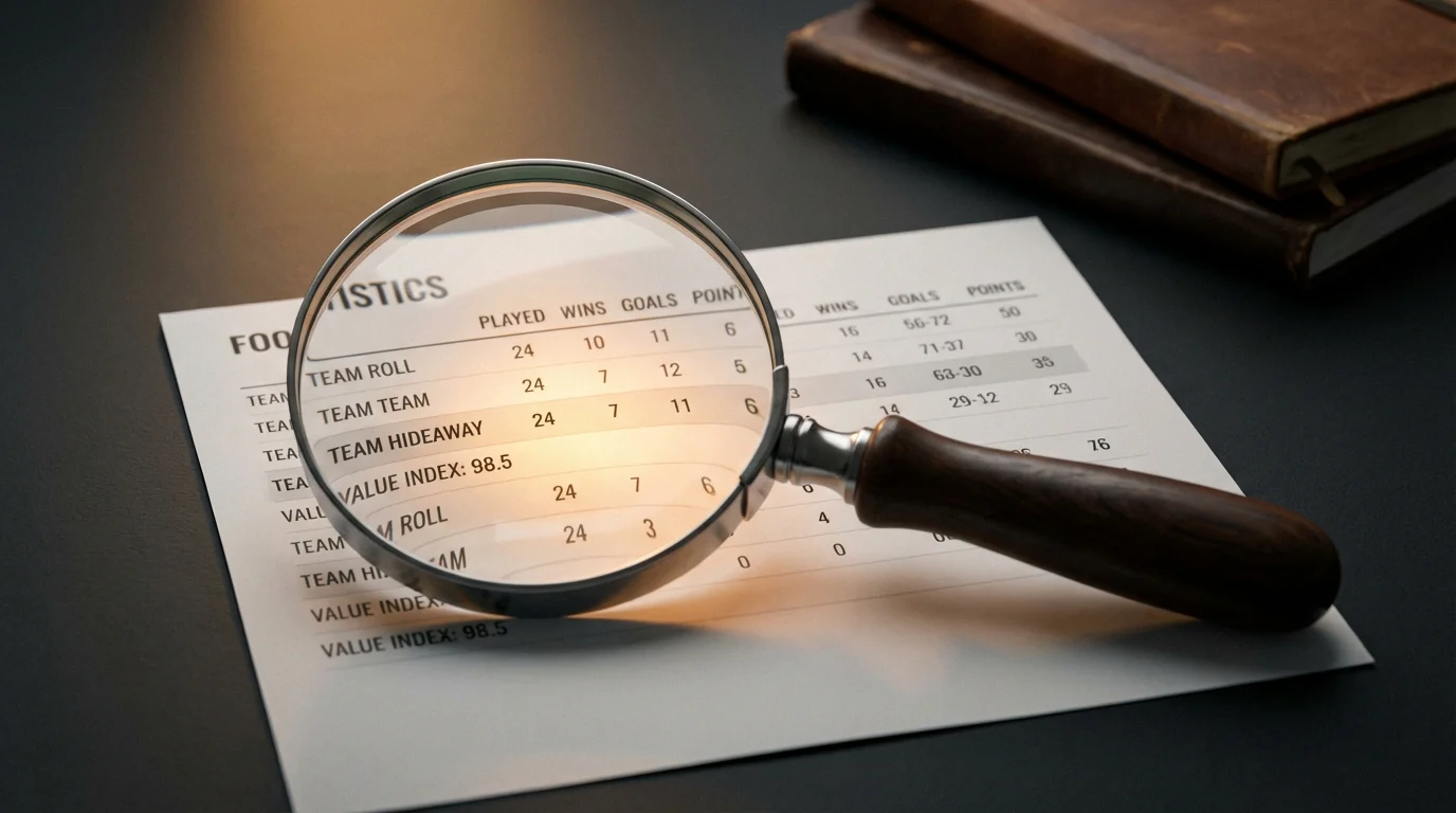 Lupa sobre una hoja de datos estadísticos de fútbol destacando un número en una tabla